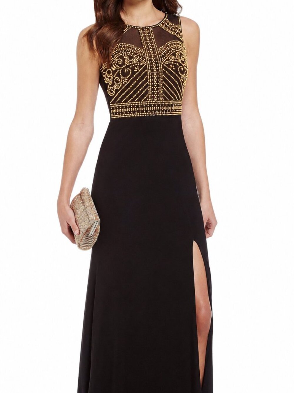 Morgan & Co Black Gold Beaded Illusion Maxi Formal Gown Front Side Slit 14W NWT